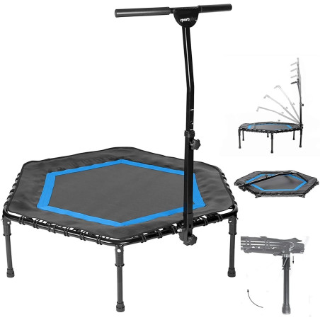 Fitness Trampolin für zuhause mit Klappfunktion und Haltestange, blau