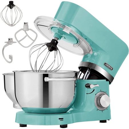 Robot de Cuisine Multifonction 1500W avec Fouet, Batteur, Crochet, 2 Bols d'Acier Inoxydable, 6 Vitesses + Pulse, turquoise