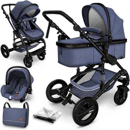 KIDUKU 3 in 1 faltbar Kinderwagen Komplettset blau/schwarz