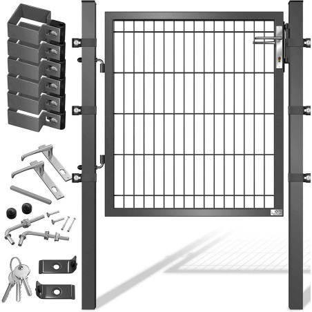 Porte de jardin en acier galvanisé anthracite 100 x 106 cm, portail avec poteaux avec serrure, poignée de porte et clé