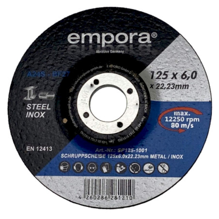 EMPORA 100 pcs. disques à ébarber Ø 125 mm - Tôle d'acier, inoxydable et métal - 6,0 mm x 22,23 mm - 80 m/s – EN 12413