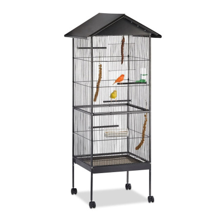 Relaxdays 10022598 Volière Cage à oiseaux toit, perroquet, perruche, avec support, roulettes, métal HxlxP: 155 x 64 x 66 cm,