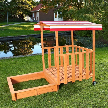 Sandkasten Holz mit Dach - Spielhaus mit Spielveranda rot