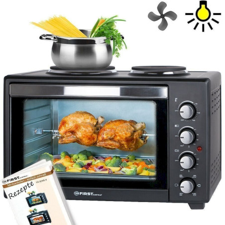 TZS First Austria FA-5045-4 45L 3200W Mini-Backofen mit Kochplatten Krümelblech Drehspieß, Umluft, Pizzaofen