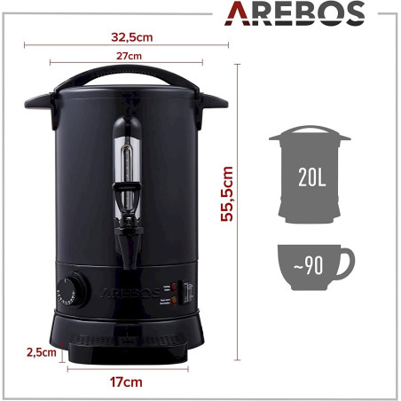 Arebos Distributeur de Boisson Chaudes - Chaudière à eau 20L Noir 1650W