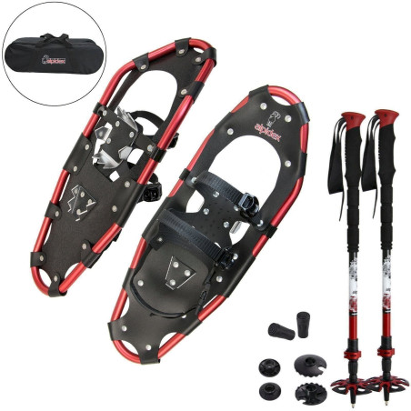 ALPIDEX Alu Schneeschuhe Black / Red 25 mit Stöcken, leicht Erwachsene Schneeschuhwandern