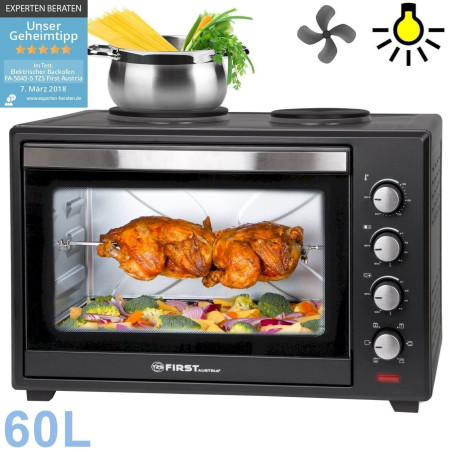 TZS First Austria FA-5045-5 Mini-Backofen 60L Kochplatten Umluft, Krümelblech Drehspieß, Pizzaofen 3400 Watt