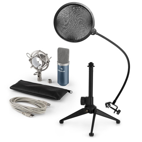 Auna MIC-900BL Set V2 Micro USB condensateur , pied &amp filtre anti-pop - blanc