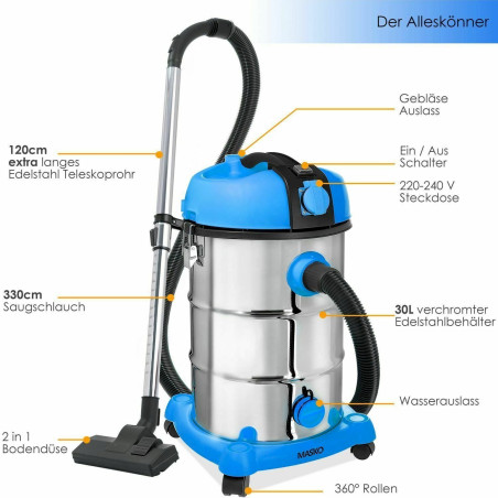 MASKO Staubsauger 2300W Blau Nass Trocken Industriestaubsauger 30L industriesauger