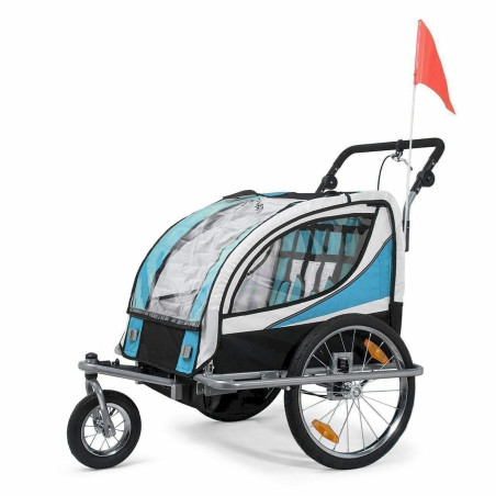 SAMAX Remorque Vélo conver­tible Jogger 2en1 360° rotatif Pour 2 Enfants Amor­tis­seur Transport Poussette en Bleu - Silver