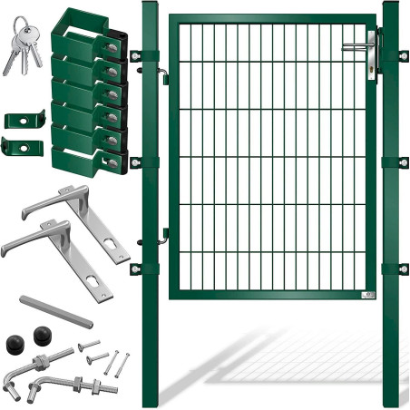 Porte de jardin en acier galvanisé vert 120 x 106 cm, portail avec poteaux avec serrure, poignée de porte et clé br