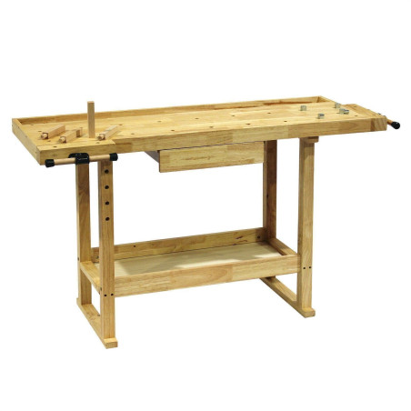 Werkbank 145x49x86cm aus Holz (Rubberwood) mit Ablage und Spannzangen