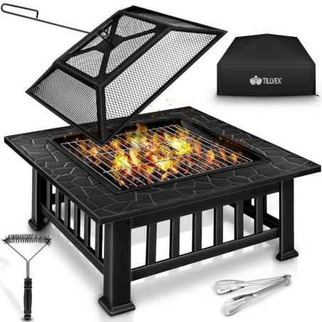 tillvex Feuerschale mit Funkenschutz & Grillrost BBQ Grill