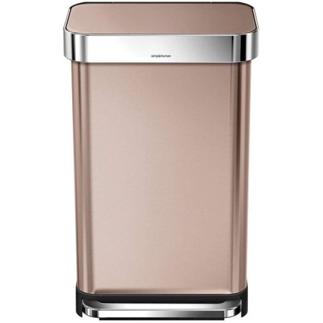 Simplehuman Poubelle 55l rec­tan­gu­laire à pédale avec réserve à sac intégrée acier inoxydable brossé Or Rose