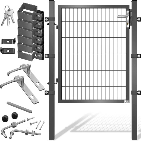 Porte de jardin en acier galvanisé anthracite 120 x 106 cm, portail avec poteaux avec serrure, poignée de porte et clé