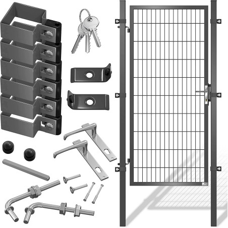 Porte de jardin en acier galvanisé anthracite 200 x 106 cm, portail avec poteaux avec serrure, poignée de porte et clé