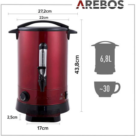 Arebos Distributeur de Boisson Chaudes - Chaudière à eau Rouge 6,8L 950W