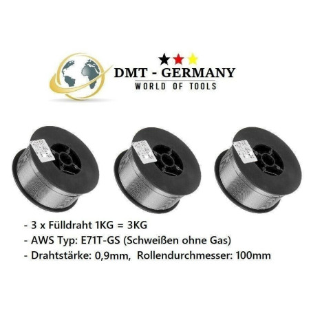 DMT GERMANY 3 x 1KG Fülldraht 0,9mm SCHWEIßDRAHT MIG MAG - OHNE GAS - E71T-GS FLUX CORED