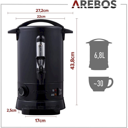 Arebos Distributeur de Boisson Chaudes - Chaudière à eau Noir 6,8L 950W