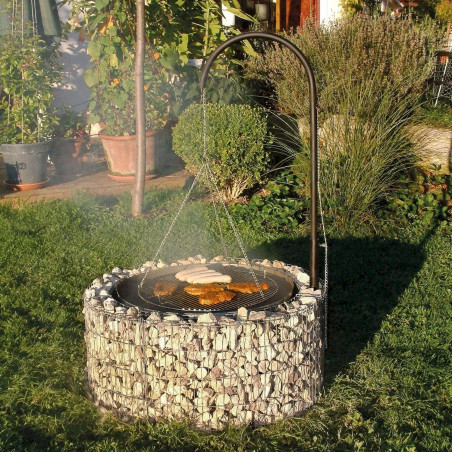 bellissa espace pour barbecue et feu en gabion - 95580 avec grille, potence de barbecue et chaînes