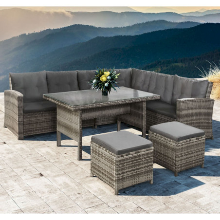 Polyrattan Lounge Santa Catalina beige - grau Sitzgarnitur mit 1 Tisch, 1 Ecksofa und 2 Hocker