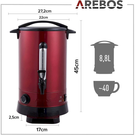 Arebos Distributeur de Boisson Chaudes - Chaudière à eau 8,8L Rouge 950W