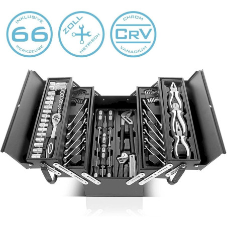 STAHLWERK Werkzeugkasten 66 Teile Chrom-Vanadium - Profi Werkzeugkoffer / Werkzeugkiste mit 6 bestückten Einlagen