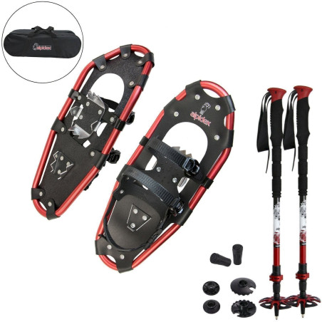 ALPIDEX Alu Schneeschuhe Black / Red 21 mit Stöcken, leicht Erwachsene Schneeschuhwandern