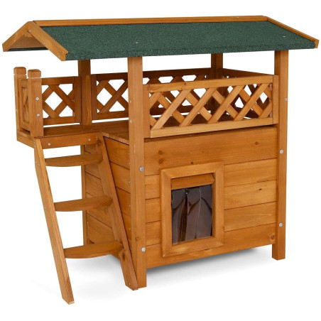 Katzenhaus Lodge Holz für Katzen mit Terrasse und Treppe 77x50x73 cm natur/braun