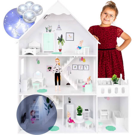 Kinderplay Puppenhaus Holz Groß mit mintgrünem Zubehör LED-Licht GS0023A - Premium