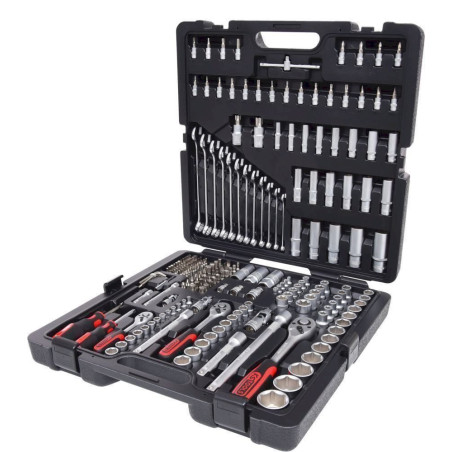 KS Tools Knar­ren­kas­ten 216-tlg. 1/ 4"+3/ 8"+1/ 2" 6-Kant Chrom matt satiniert im Stahl­blech­kof­fer