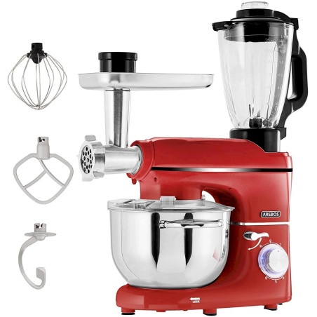 6-en-1 Robot de Cuisine Multifonction 1500W avec Bol en Inox 5,5L + Pichet en verre 1,5 L, 6 Vitesses + Pulse, rouge