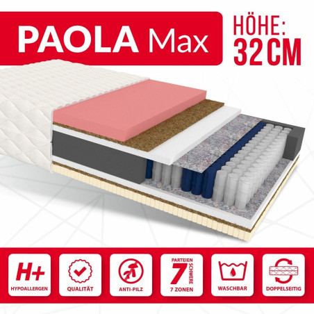 FDM Paola MAX Taschenfederkern Matratze 7 Zonen 180x200 H32cm H2/H3