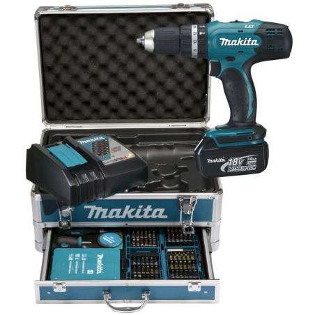 Makita Akku-Schlagbohrschrauber 2 x 18V 3Ah, im Alukoffer inkl. 96-tlg. Zubehörset DHP453RFX2