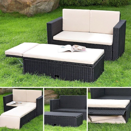 Mucola Polyrattan Gartensofa und klappbare Fußbank Lounge Sessel Gartenmöbel schwarz