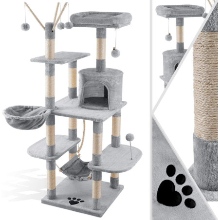 LovPet Arbre à chat Gris clair 149cm avec hamac, troncs en sisal, stable