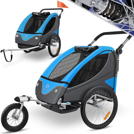 Kesser remorque vélo pour 2 enfants + poussette 2en1 bleu clair/gris