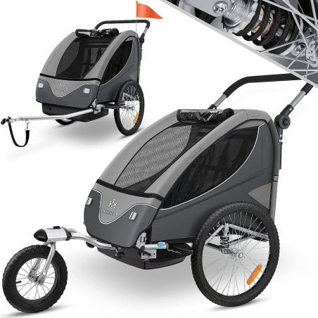 Kesser remorque vélo pour 2 enfants + poussette 2en1 gris clair/gris