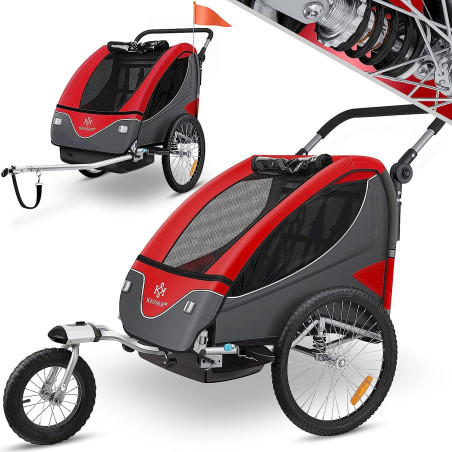 Kesser remorque vélo pour 2 enfants + poussette 2en1 rouge/gris