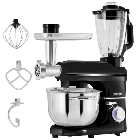 6-en-1 Robot de Cuisine Multifonction 1500W avec Bol en Inox 5,5L + Pichet en verre 1,5 L, 6 Vitesses + Pulse, noir