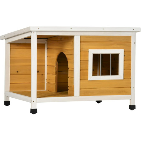 PawHut Hundehütte mit Veranda Naturholz 85,5 × 62 × 60 cm