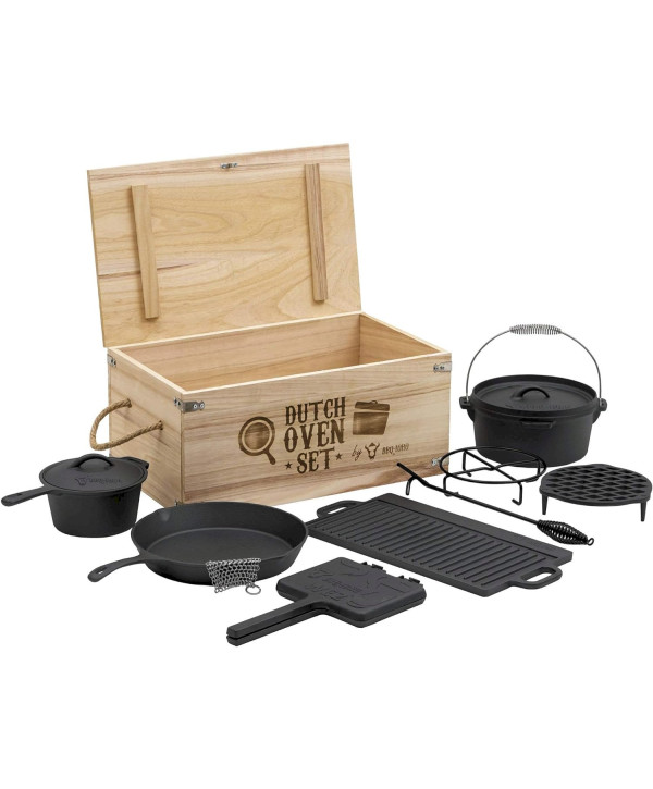 BBQ-Toro Dutch Oven Set in Holzkiste, 10-teiliges Gusseisen