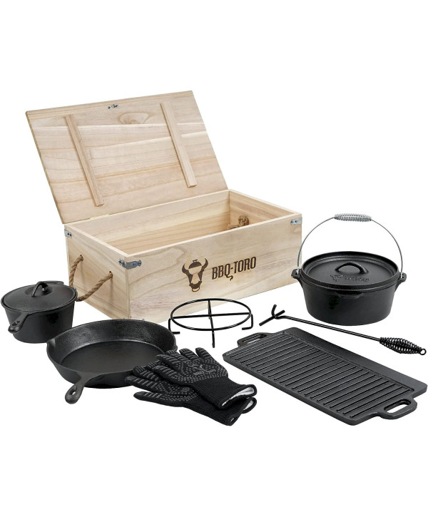 BBQ-Toro Dutch Oven Set in Holzkiste, 8-teilig, Gusseisen