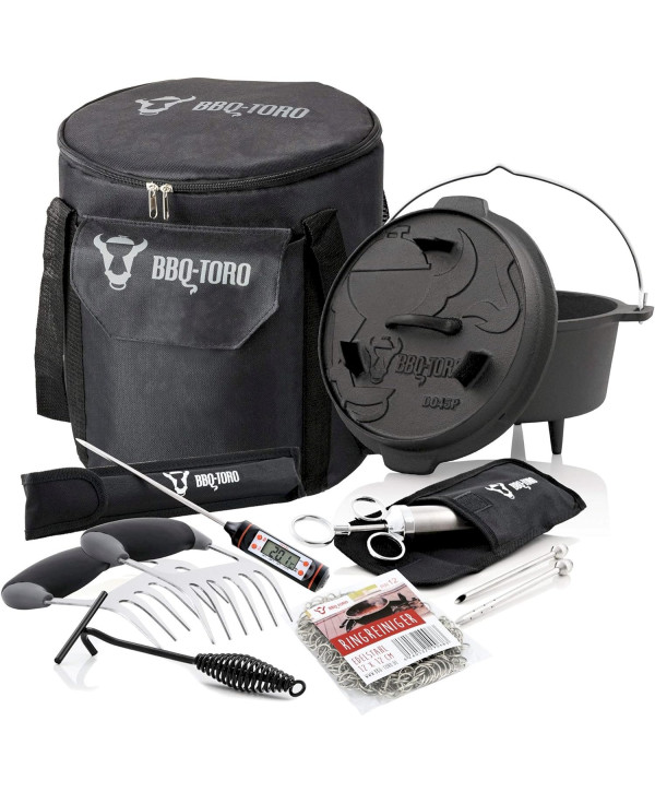 BBQ-Toro Dutch Oven Set Gusseisen - 7 teiliges Starter Set, inkl. Deckelheber