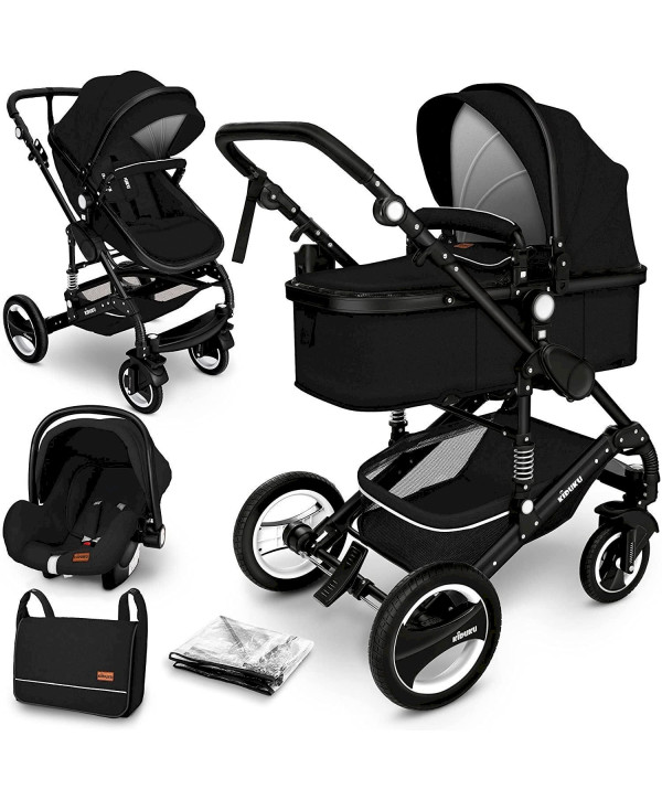 KIDUKU 3 in 1 faltbar Kinderwagen Komplettset schwarz/schwarz