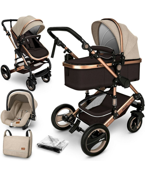 KIDUKU® 3 in 1 Kombi-Kinderwagen Buggy Reisebuggy inkl. Auto- Babyschale Faltbar BRAUN/GOLD