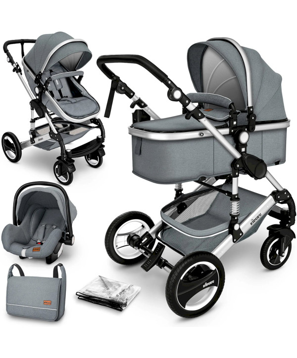 KIDUKU® 3 in 1 Kombi-Kinderwagen Buggy Reisebuggy inkl. Auto- Babyschale Faltbar GRAU/SILBER