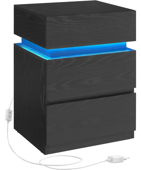 VASAGLE Table de Chevet avec Bande LED Multicolore Réglable 3 Tiroirs Noir Boisé