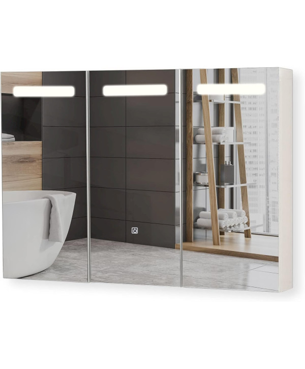 Aquamarin armoire de salle de bain 3 portes avec éclairage LED et prise pour rasoir 90x65x13cm