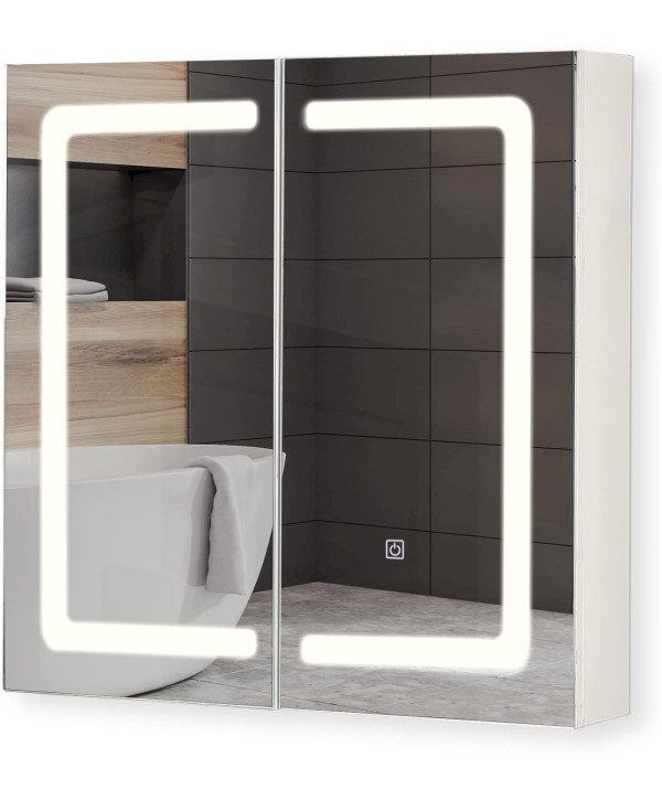 Aquamarin armoire de salle de bain 2 portes avec éclairage LED et prise pour rasoir 65x65x13cm